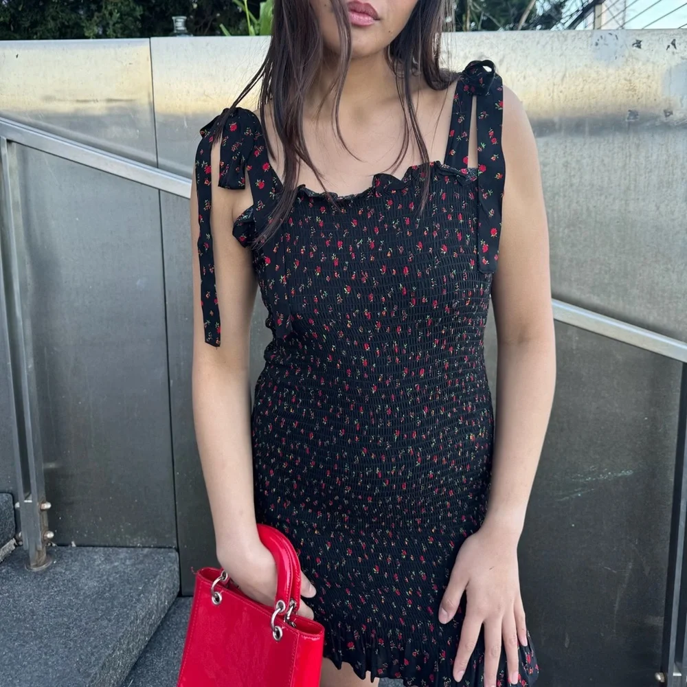 Free People Black & Red Sheath Mini Dress w Bow Tie Shoulder Straps - Size Small - Picture 3 of 14